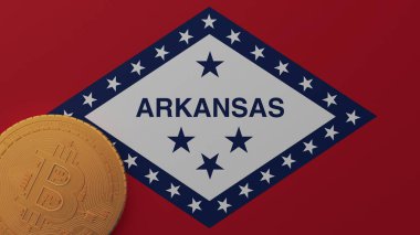 Arkansas bayrağının sol alt köşesinde altın Bitcoin var.