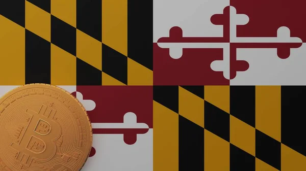 Gold Bitcoin Bottom Left Corner State Flag Maryland — стокове фото