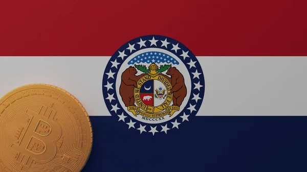 Gold Bitcoin Bottom Left Corner State Flag Missouri — стокове фото