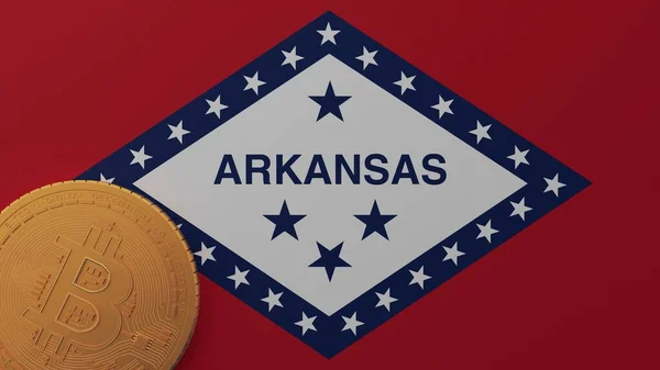 Bitcoin Oro Esquina Inferior Izquierda Bandera Del Estado Arkansas Fotos de stock