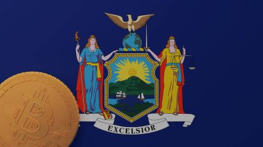 New York 'un ABD Bayrağının Sol Altında Altın Bitcoin