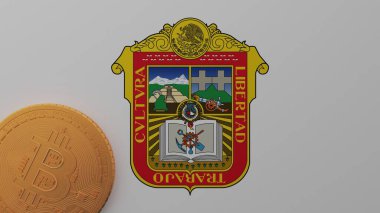 Meksika bayrağının sol alt köşesinde altın Bitcoin.