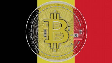 Merkezde ve Belçika Bayrağı 'nın tepesinde büyük şeffaf cam Bitcoin