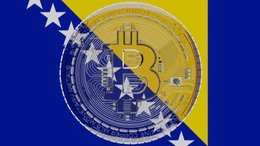 Merkezde ve Bosna-Hersek Ülke Bayrağının tepesinde büyük şeffaf Cam Bitcoin
