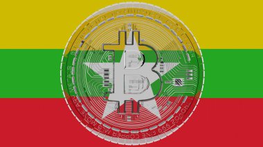 Merkezde ve Burma Bayrağı 'nın tepesinde büyük şeffaf cam Bitcoin (Myanmar)