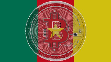 Merkezde ve Kamerun Bayrağı 'nın tepesinde büyük şeffaf Cam Bitcoin