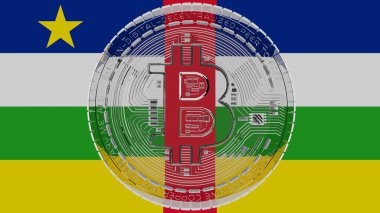 Merkezde ve Orta Afrika Cumhuriyeti Ülke Bayrağı 'nın tepesinde büyük şeffaf cam Bitcoin