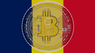 Merkezde ve Çad Bayrağı 'nın tepesinde büyük şeffaf cam Bitcoin.