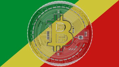 Merkezde ve Kongo Cumhuriyeti Bayrağı 'nın tepesinde büyük şeffaf cam Bitcoin