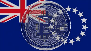 Merkezde ve Cook Adaları Bayrağı 'nın tepesinde büyük şeffaf cam Bitcoin.