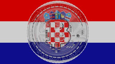 Merkezde ve Hırvatistan Bayrağının tepesinde büyük şeffaf Cam Bitcoin