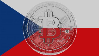 Merkezde ve Çek Cumhuriyeti Ülke Bayrağının tepesinde büyük şeffaf Cam Bitcoin