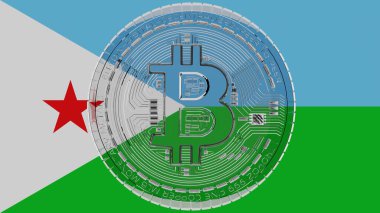 Merkezde ve Cibuti Bayrağı 'nın tepesinde büyük şeffaf cam Bitcoin