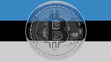 Merkezde ve Estonya Bayrağı 'nın tepesinde büyük şeffaf Cam Bitcoin