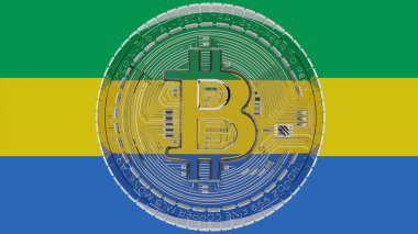 Merkezde ve Gabon Bayrağı 'nın tepesinde büyük şeffaf cam Bitcoin