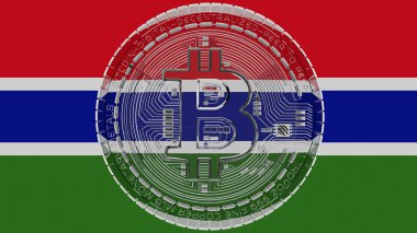 Merkezde ve Gambiya Bayrağı 'nın tepesinde büyük şeffaf cam Bitcoin var.