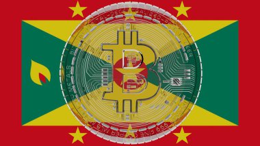 Merkezde ve Grenada Bayrağı 'nın tepesinde büyük şeffaf cam Bitcoin.
