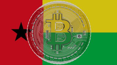 Merkezde ve Gine-Bissau Bayrağı 'nın tepesinde büyük şeffaf cam Bitcoin