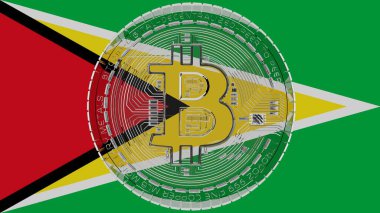 Merkezde ve Guyana Bayrağı 'nın tepesinde büyük şeffaf cam Bitcoin.