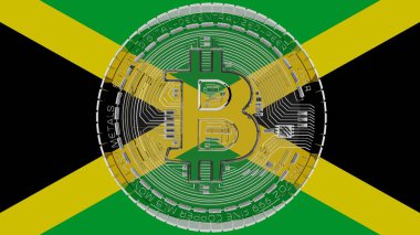 Merkezde ve Jamaika Bayrağı 'nın tepesinde büyük şeffaf cam Bitcoin