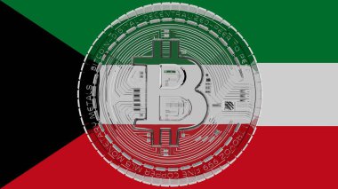 Merkezde ve Kuveyt Bayrağı 'nın tepesinde büyük şeffaf cam Bitcoin