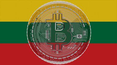 Merkezde ve Litvanya Bayrağı 'nın tepesinde büyük şeffaf cam Bitcoin