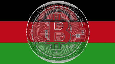 Merkezde ve Malawi Bayrağı 'nın tepesinde büyük şeffaf cam Bitcoin