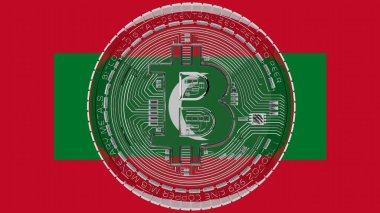 Merkezde ve Maldivler Bayrağı 'nın tepesinde büyük şeffaf cam Bitcoin