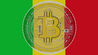 Merkezde ve Mali Bayrağı 'nın tepesinde büyük şeffaf cam Bitcoin