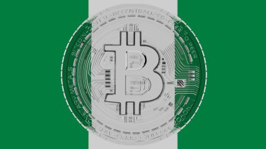 Merkezde ve Nijerya Bayrağı 'nın tepesinde büyük şeffaf cam Bitcoin