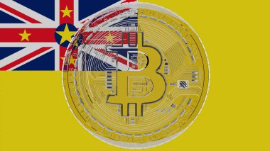 Merkezde ve Niue Bayrağı 'nın tepesinde büyük şeffaf cam Bitcoin