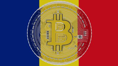 Merkezde ve Romanya Bayrağının tepesinde büyük şeffaf Cam Bitcoin