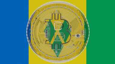 Merkezde ve St. Vincent ve Grenadines Bayrağı 'nın tepesinde büyük şeffaf cam Bitcoin var.