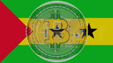 Merkezde ve Sao Tome ve Principe Bayrağı 'nın tepesinde büyük şeffaf cam Bitcoin.
