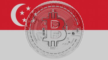 Merkezde ve Singapur Bayrağı 'nın tepesinde büyük şeffaf cam Bitcoin