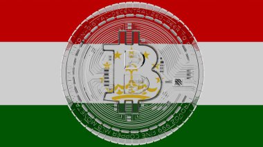Merkezde ve Tacikistan Bayrağı 'nın tepesinde büyük şeffaf cam Bitcoin