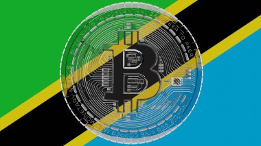 Merkezde ve Tanzanya Bayrağı 'nın tepesinde büyük şeffaf cam Bitcoin