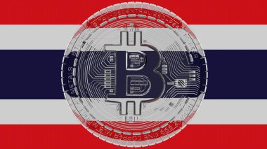 Merkezde ve Tayland Bayrağı 'nın tepesinde büyük şeffaf cam Bitcoin