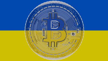 Merkezde ve Ukrayna Bayrağı 'nın tepesinde büyük şeffaf cam Bitcoin