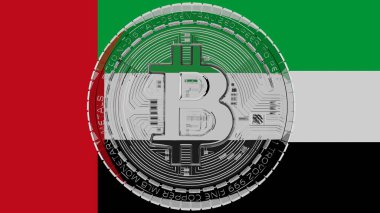 Merkezde ve Birleşik Arap Emirlikleri Ülke Bayrağı 'nın tepesinde büyük şeffaf cam Bitcoin