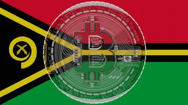 Merkezde ve Vanuatu Bayrağı 'nın tepesinde büyük şeffaf cam Bitcoin