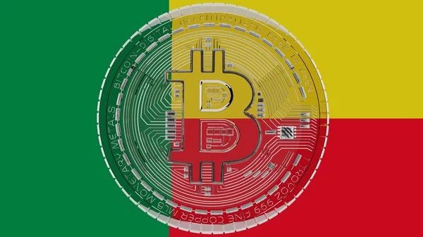 Stora Genomskinliga Glas Bitcoin Mitten Och Toppen Landets Flagga Benin — Stockfoto