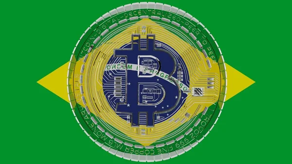 Stor Transparent Glas Bitcoin Mitten Och Toppen Landet Flaggan Brasilien — Stockfoto
