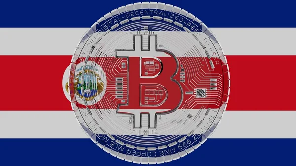 Stora Genomskinliga Glas Bitcoin Mitten Och Toppen Landets Flagga Costa — Stockfoto