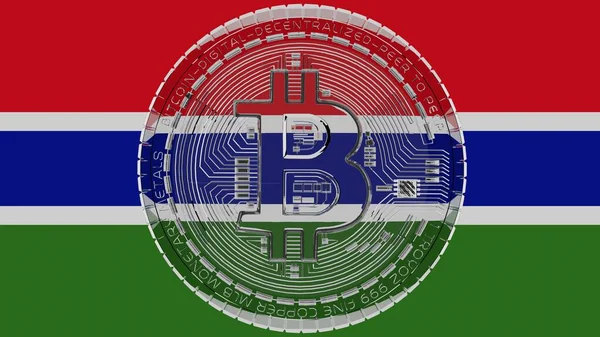 Bitcoin Kaca Transparan Besar Tengah Dan Atas Bendera Negara Gambia — Stok Foto