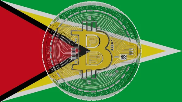 Merkezde ve Guyana Bayrağı 'nın tepesinde büyük şeffaf cam Bitcoin.