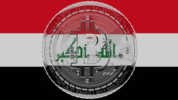 Bitcoin Kaca Transparan Besar Tengah Dan Atas Bendera Negara Irak — Stok Foto
