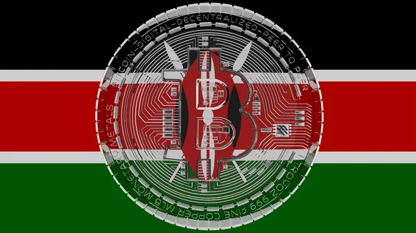 Stor Transparent Glas Bitcoin Centrum Och Toppen Landets Flagga Kenya — Stockfoto