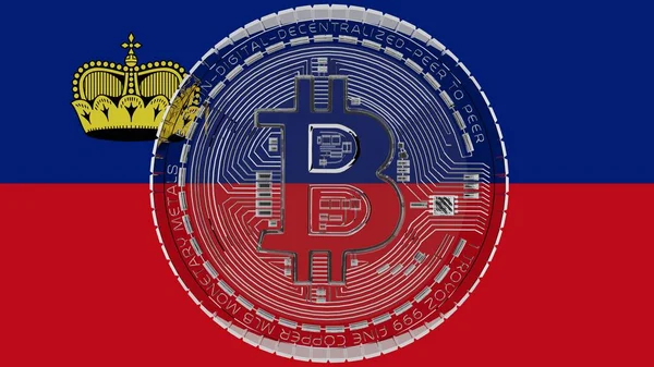 Stor Transparent Glas Bitcoin Mitten Och Toppen Landets Flagga Liechtenstein — Stockfoto