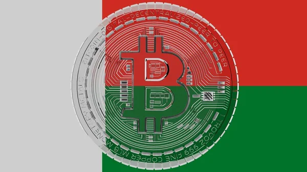 Grand Bitcoin Verre Transparent Centre Sur Drapeau Pays Madagascar — Photo